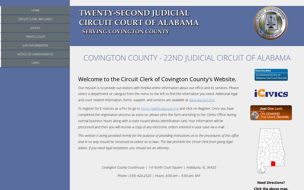 Covington County warrant records Circuit Clerk access page